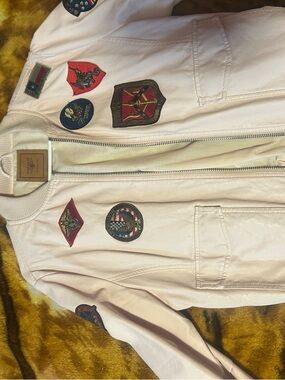 Top gun Light Pink Leather Bomber flight Jacket with Patch Embellishments